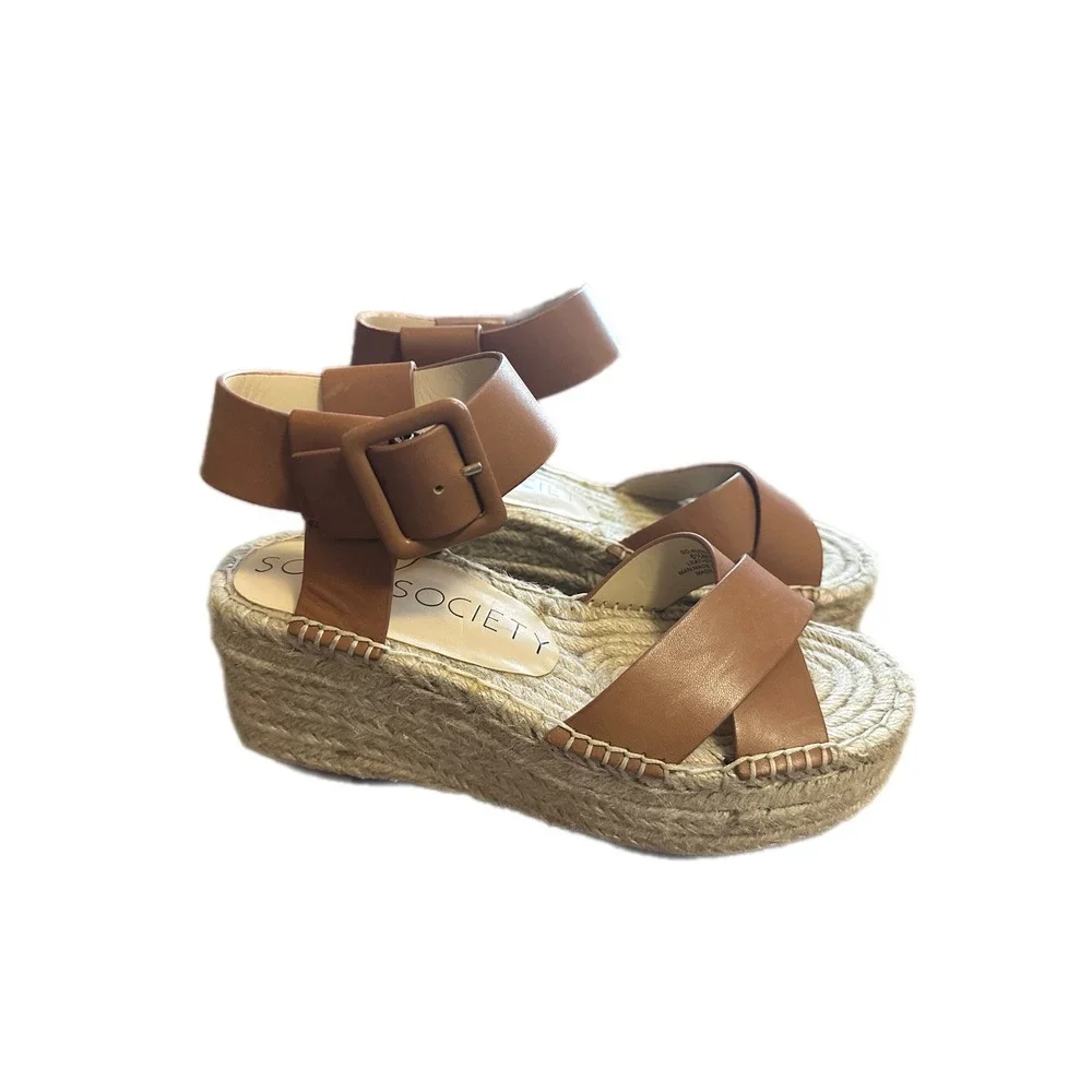 Sole Society Espadrille Platform Wedge Sandals‎ Leather Buckle Ankle Strap 6.5